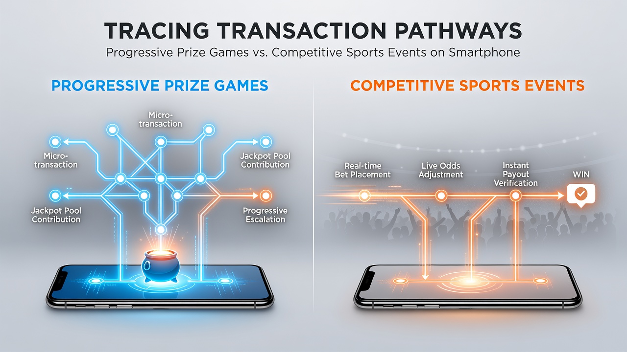 Mobile app screenshots displaying real-time transaction tracking for jackpot contributions and sports bet settlements
